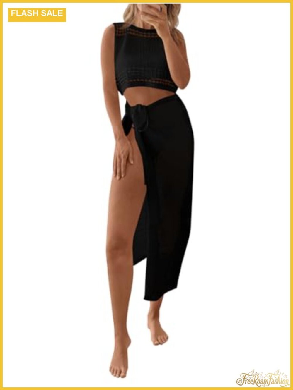 Crochet Swim Cover Up Set Sleeveless Crop Top Wrap Skirt Boho Beachwear 2 Piece